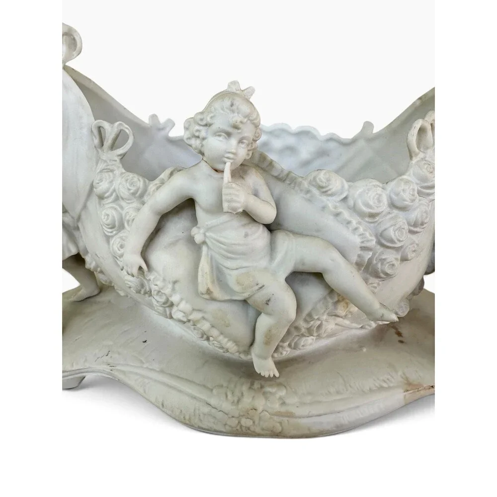 Antique German Bisque Porcelain Cherub Bowl, Putti Garland Jardiniere, Mold 4051